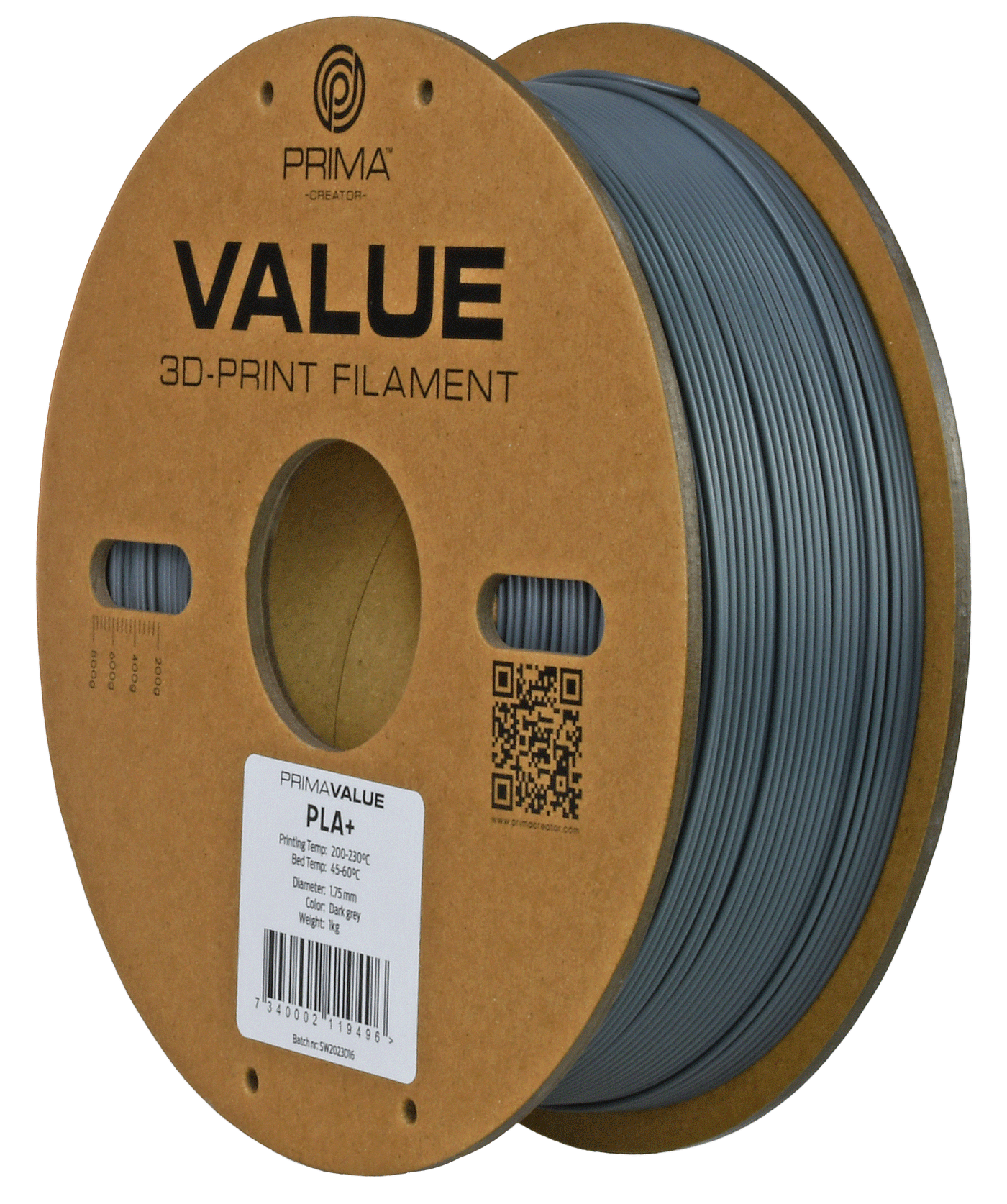 PrimaValue PLA+ 2.85mm (Dark Grey/Tummanharmaa)
