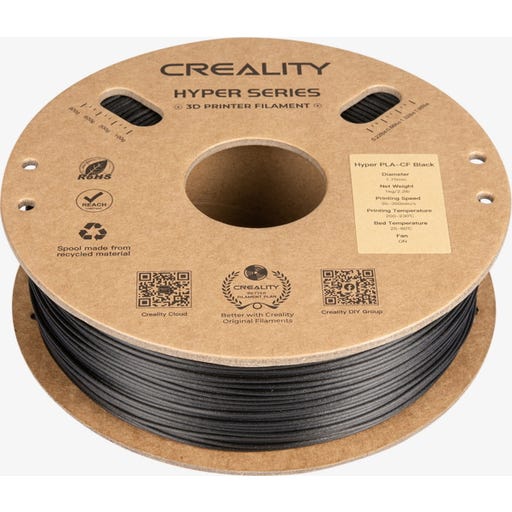 Creality Hyper PLA-CF Musta 1.75 mm 1 kg filamenttikela, pahvilaippa ja Hyper Series -tuotetiedot